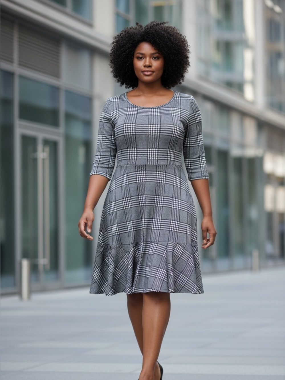 NY Collection Black and White Plaid Long Sleeve Fit & Flare Dress